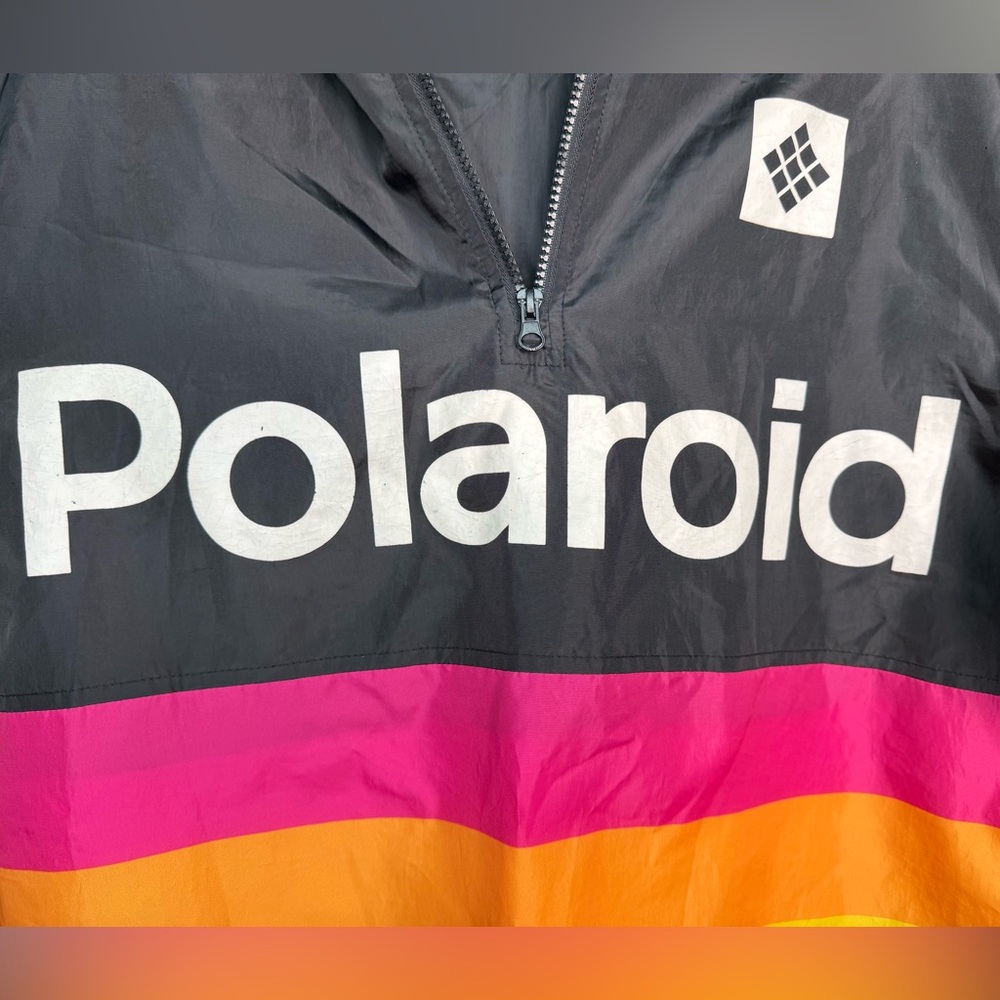 Vintage Polaroid Black Jacket Rainbow Stripes Windbreaker Hoodie Sz M 90s Y2K - Picture 4 of 8